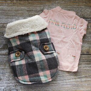 XS Dog Clothing 🐾 Pink and Grey Plaid Winter Jacket + Pink Floyd T-Shirt NWOT